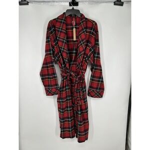 SKIMS Flannel Sleep Long Robe Womens Small Brick Holiday Plaid Cotton Belted Red